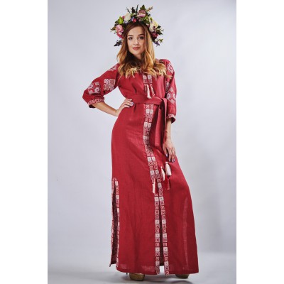Embroidered Maxi Dress "Cool Geometry" Maroon
